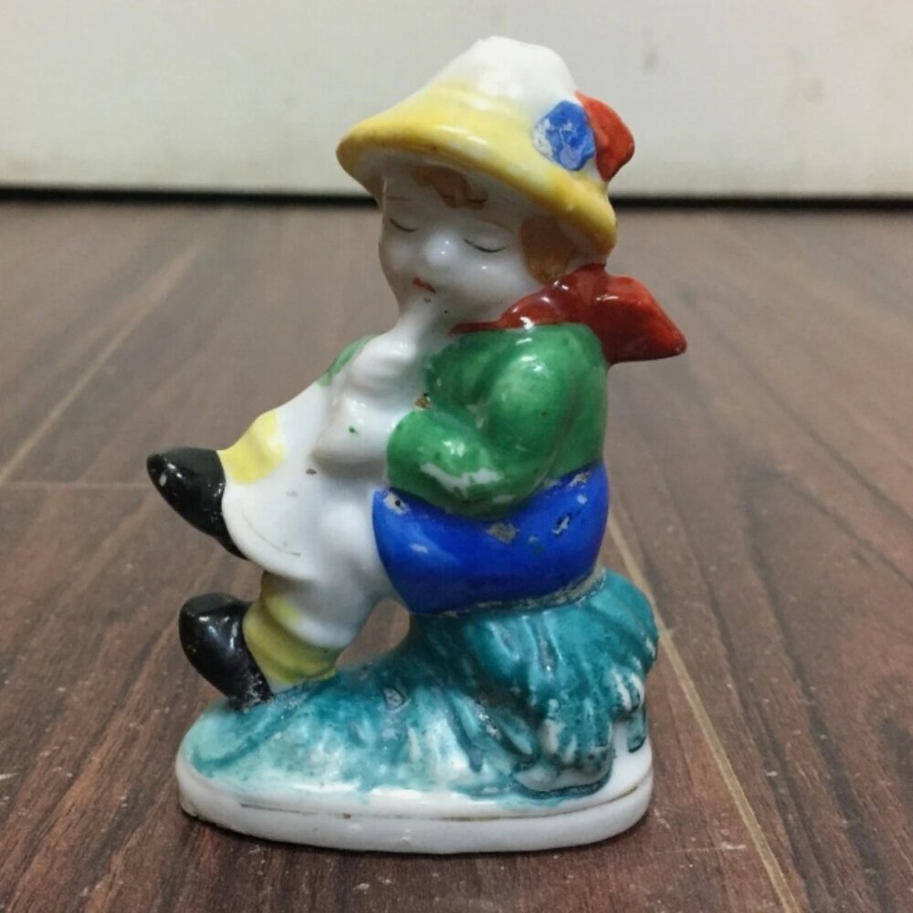 Vtg Boy Playing Instrument Miniature Ceramic Figure 3.5" Made in Occupied Japan